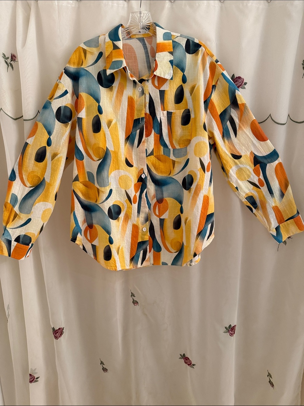 Linen Blend Boyfriend Abstract Multi-Color Button-Down Shirt in Yellow & Blue